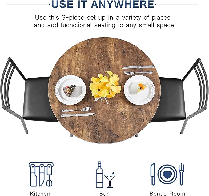 VECELO Round Dining Room Table with Wood Grain Tabletop and Steel Frame, for Kitchen, Living Room, Office, Conference, 2 to 4 Person, Antique Brown