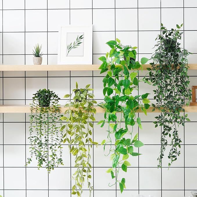BLEUM CADE Fake Hanging Plants Mixed Set, 4pcs Artificial Hanging Plant, Faux Hanging Potted Plants Greenery for Wall Shelf Home Living Room Indoor Outdoor Decor