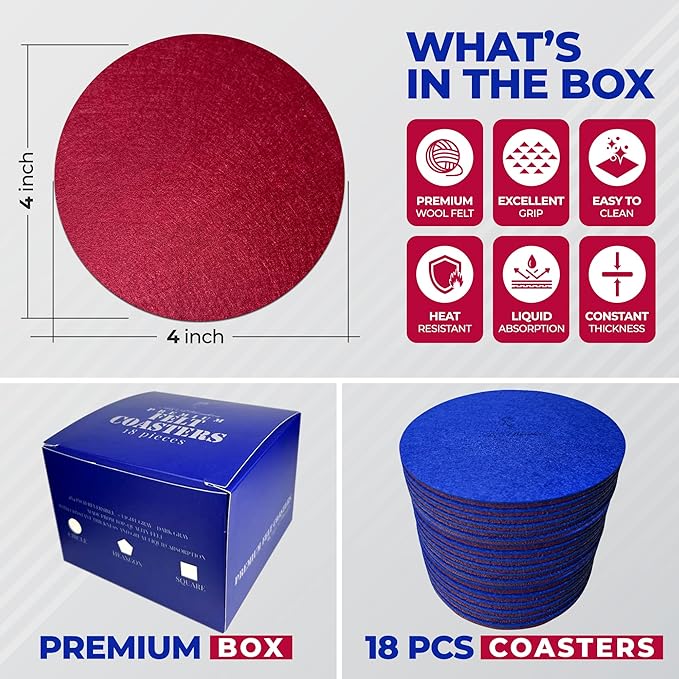 A&A Wonders Premium Felt Coasters for Drink, Two-Tone Reversible, Absorbent Felt Protects Furniture, Table, Anti Slip, Suitable for Drinks & All Table Types (Wine Red/Royal Blue, Circle 18 Pack)