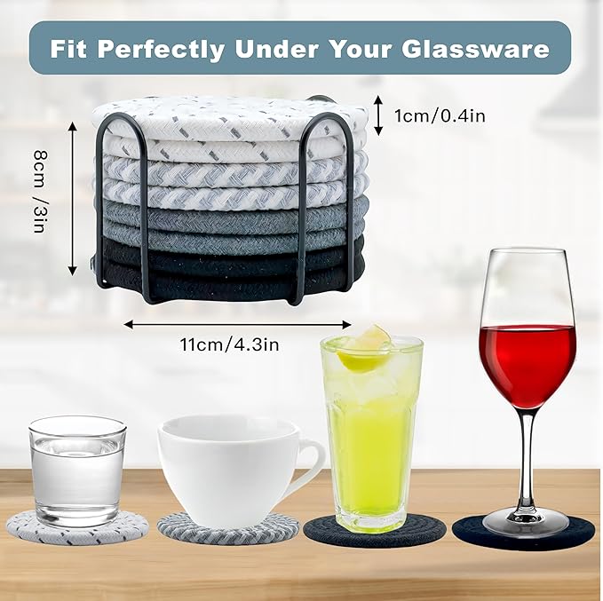 8 Pcs Drink Coasters with Holder, Coasters for Coffee Table, Absorbent Coaster Set for Living Room Decor Tabletop Protection, Coaster Set 4 - Color Cup (Gray Mix)