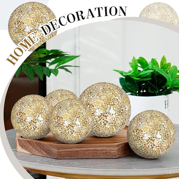 8 Pcs 3'' 4'' Decorative Ball for Centerpiece Bowls Glass Mosaic Sphere Decorative Orbs for Bowl Vase Fillers Christmas Wedding Party Dining Room Table Decor(Gold)
