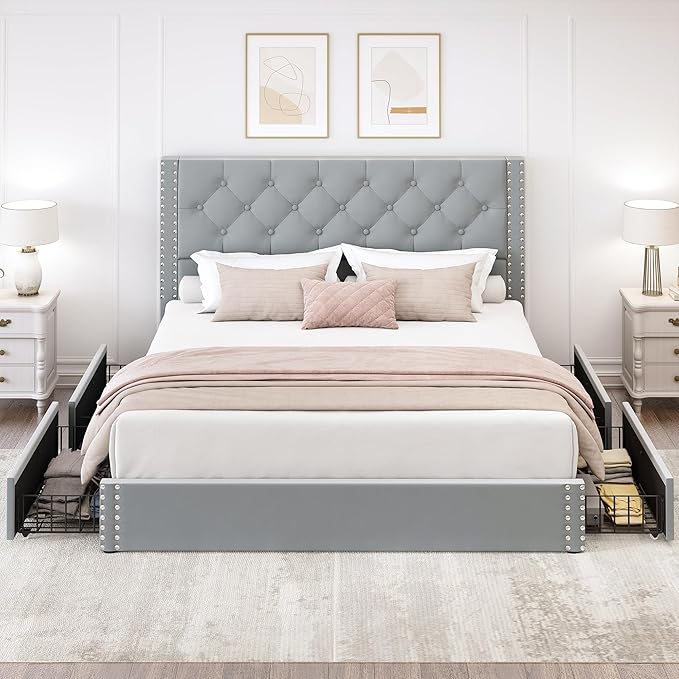 LARMACE Queen Size Bed Frame Upholstered Platform Bed with 4 Storage Drawers and Tufted Headboard Velvet Bed Frame with Heavy Duty Wood Slats, No Box Spring Needed, Easy Assembly, Bluish Grey