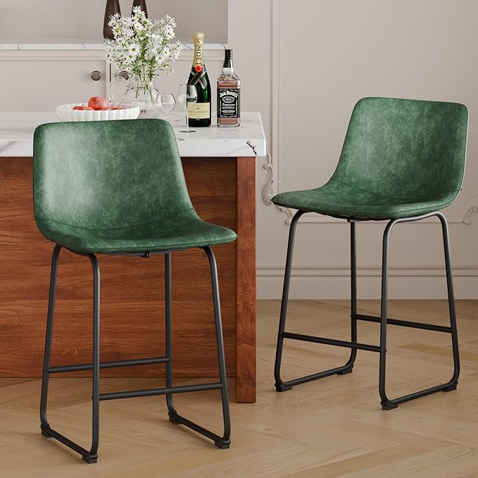 Bar Stools Set of 2, 26 Inch Counter Height Barstools with Back, Modern Faux Leather Bar Stool with Metal Legs and Footrest, Urban Armless Bar Chairs for Kitchens Island (Green)