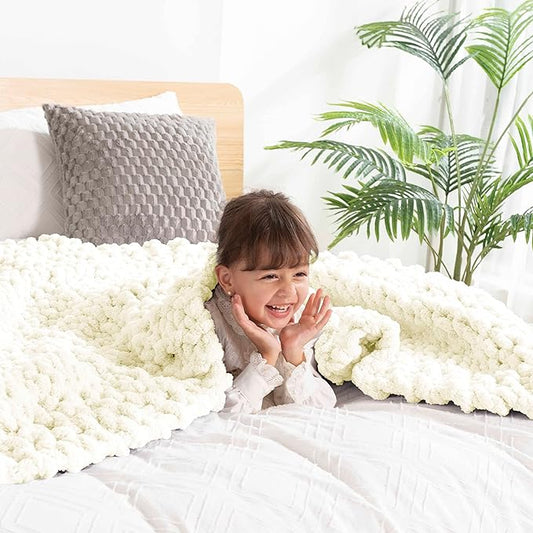 clootess Chunky Knit Blanket Knitted Throw Crochet Chenille Yarn Woven for Bed Sofa Textured Thick Cable Decor (Ivory 40x60 in)