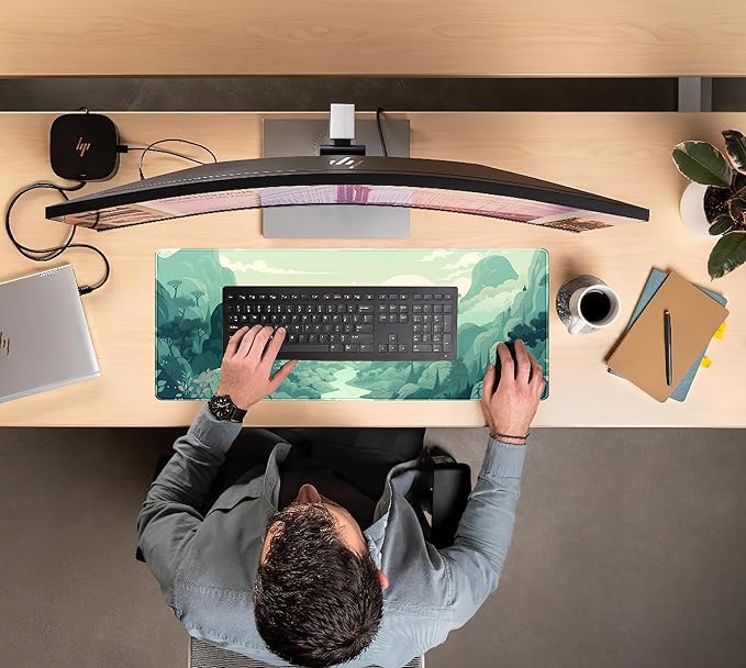 Cute Pastel Mint Green Forest Sage Desk Mat Anime Large Gaming Mouse Pad XL, Aesthetic Sunrise Laptop Computer Keyboard Mouse Mat, Women Office Desk Decor Cover Mat with Stitched Edges 31.5"x11.8"