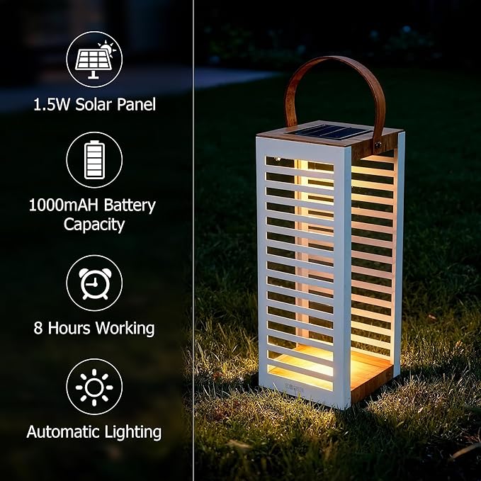 Solar Lantern with Handle - Outdoor Metal Solar Light (7.87×19.69"), Waterproof & Rustproof, 8H Auto-On Warm White Light, Portable for Patio, Porch, Balcony & Garden Decor (White - 1 Pack)