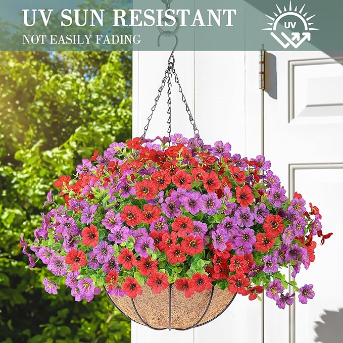 Artificial Flowers Hanging Plants in Basket,Artificial Hanging Flowers for Outdoor Indoor Decor,UV Resistant Hanging Baskets with Fake Flowers for Patio Garden Porch Deck Decoration