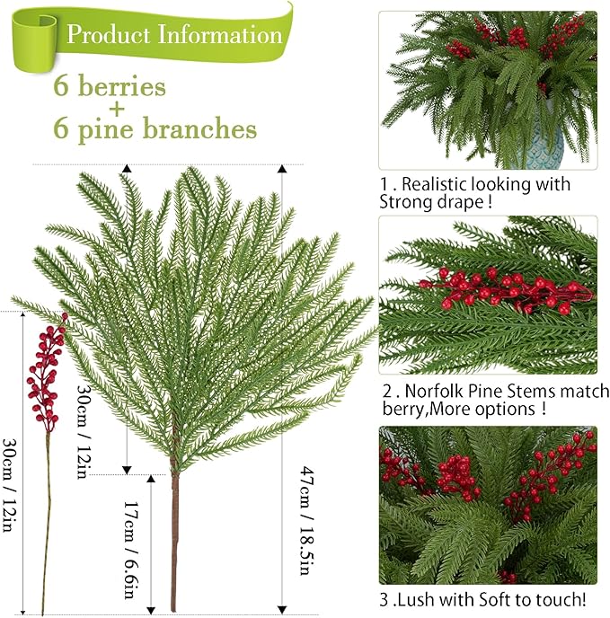 12pcs Christmas Norfolk Pine Stems with Berry Set, 18 Inches Artificial Norfolk Branch 6pack, Faux Berry Stem 6pack,Fake stem Greenery Pine Picks for Indoor Home Vase DIY Outdoor Wreath Decoration