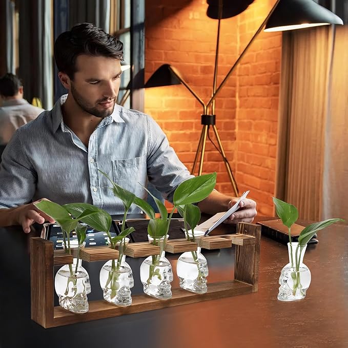Plant Terrarium Propagation Stations Halloween Skull Planter Vase Skulls Decor with Wooden Stand Gife for Father - 5 Vases