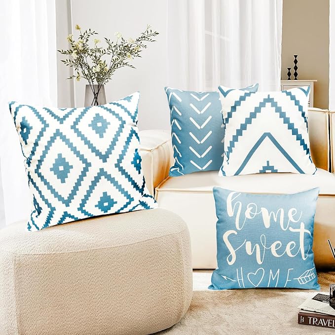 Decorative Throw Pillow Covers Set of 4 Sky Blue Pillow Covers 20x20 inch Throw Pillows Linen Square Pillow Case,Farmhouse Outdoor Modern Geometric Pillow Covers for Couch Sofa Living Room