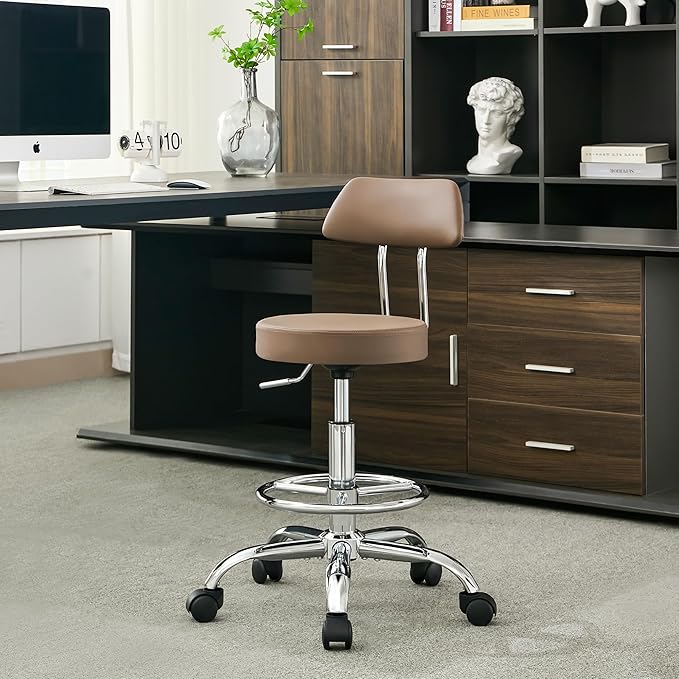 Office Drafting Chair (Rolling Office Stool) (Adjustable Height Footrest Massage Chair 19.5"-26.6") Lab Stool with Back (Coffee Brown)