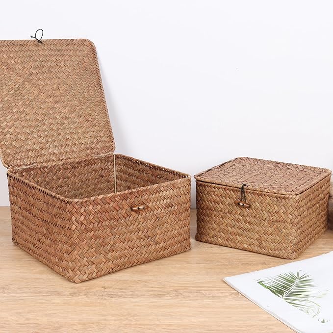 Wicker Shelf Baskets with Lid, Handwoven Seagrass Storage Basket Bins Square Gift Boxes for Shelves Home Decor Organizer (Coffee, Set of 4)