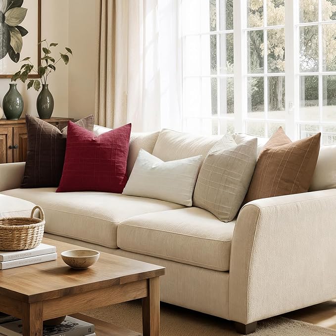 MIULEE Christmas Decorative Linen Check Throw Pillow Covers Neutral Farmhouse Vintage Pillow Covers 18x18 Set of 2 Boho Modern Home Decor for Sofa Couch Bedroom Cushion Burgundy