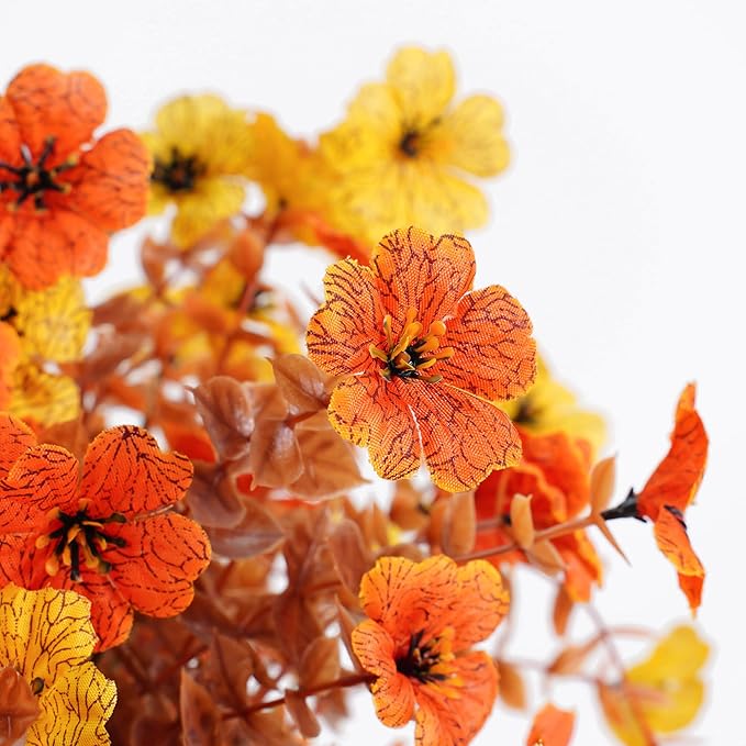 Artificial Mums Fall Fake Flowers for Outdoors, 12 Bundles Faux Mums for Outdoor Planters Decorations,UV Resistant Silk Flowers Plastic Plants for Front Porch Garden Patio Home Decor (B-Orange Yellow)