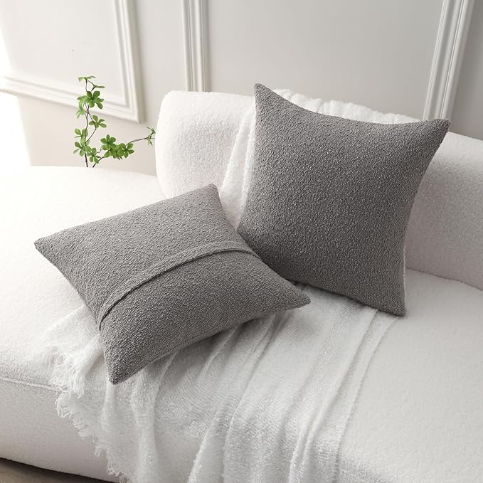 FUTEI Pack of 2 Light Grey Decorative Throw Pillow Covers 18x18 Inch Soft Cozy Solid Boucle Textured Cushion Case,Modern Home Decor for Couch Bed Living Room