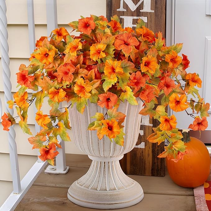 Fall Flowers Artificial for Decoration Fake Petunias Plants for Outdoor, 2PCS Autumn Silk Faux Flower UV Resistant No Fade Planter Floral for Garden Balcony Yard Porch Realistic Indoor Decor (Orange)