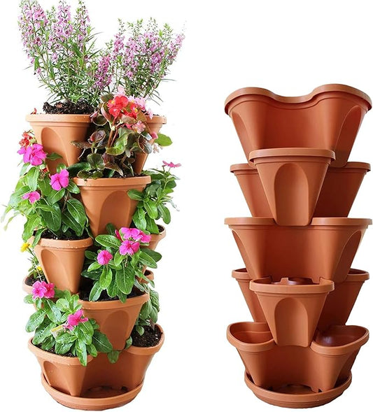 Nature’s 5 Tier Stackable Vertical Garden Planter – Patented Self-Watering Strawberry Tower for Indoor/Outdoor Use – Stacking Pots for Herbs, Tomatoes, Carrots, Vegetables & More
