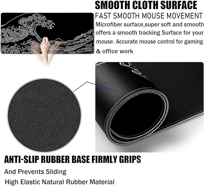 Japanese Sea Wave Mouse Pad for Gaming, Large Mouse Pad Extended (31.5X 15.75 INCH) Non-Slip Rubber Base & Stitched Edge for Computers Laptop Home Office Accessories