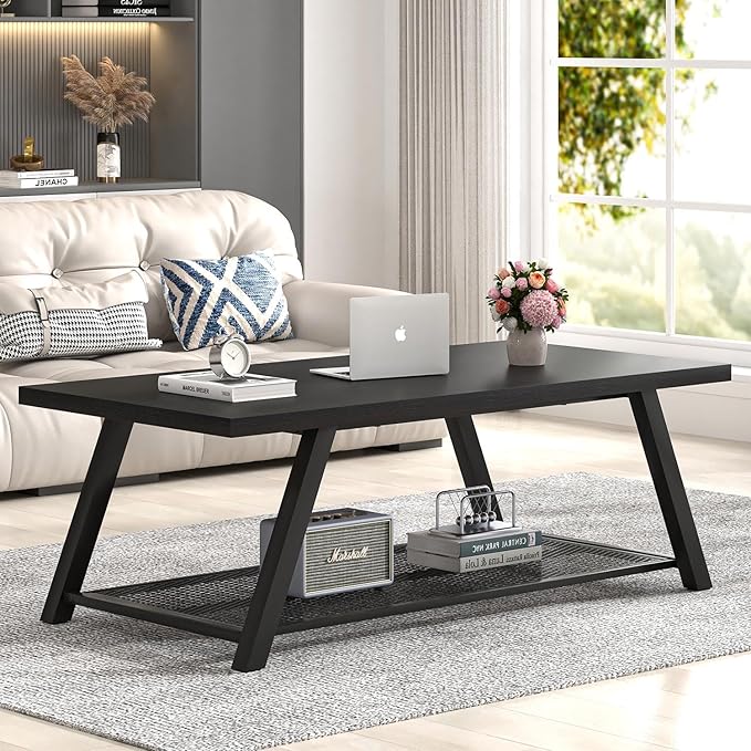 FOLUBAN Black Coffee Table, Modern Rustic Wood and Metal Living Room Table with Storage Shelf, Industrial Rectangle Cocktail Tea Table, 47 Inch