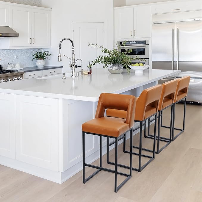 Counter Height Brown Bar Stools Set of 3 for Kitchen Counter Modern Bar Chairs with Backs for Kitchen Island with Upholstered Faux Leather Seat and Metal Frame, 24 Inch