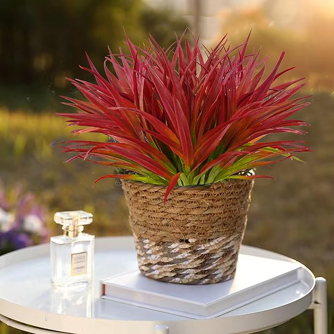 8 Pcs Outdoor Fake Plants UV Resistant Artificial Tall Grass Plants Faux Tropical Flowers Bushes Décor Fall Winter Summer Planters Patio Front Door Porch Plastic Greenery & Shrubs Decoration