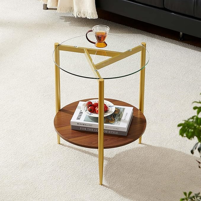 Round End Table, Mid-Century Modern Design, D20*H23 inch, for Living Room, 2-Tier Structure, Clear Glass Top and Walnut MDF Shelf, Sleek Conical Metal Legs with Gold Finish