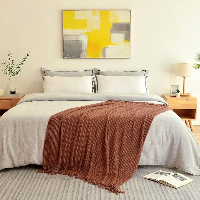 Blagic Knitted Throw Blanket for Couch,Soft Farmhouse Boho Fall Throw Blanket with Tassels,Home Decorative Lightweight Throw Blankets, Orange Rust Throws for Bed/Chair/Sofa, 50" W x 60" L