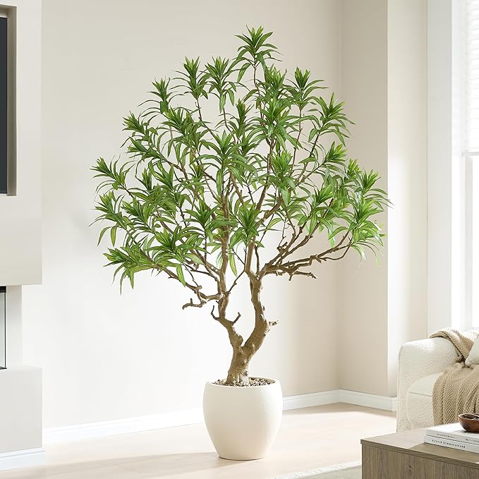 7 Feet Artificial Dracaena Reflexa, Large Faux Tree with White Pot, Tall Dracaena Tree, Fake Plants for Home & Office Decor, Realistic Wood Trunk and Lifelike Leaves