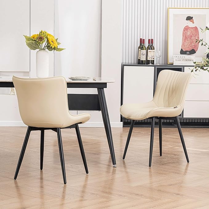 YOUTASTE Dining Chairs Set of 2, Mid Century Modern Upholstered Faux Leather Kitchen Room Chairs, with Black Metal Legs, Armless Accent Chair for Living Room, Bedroom, Vanity, Beige