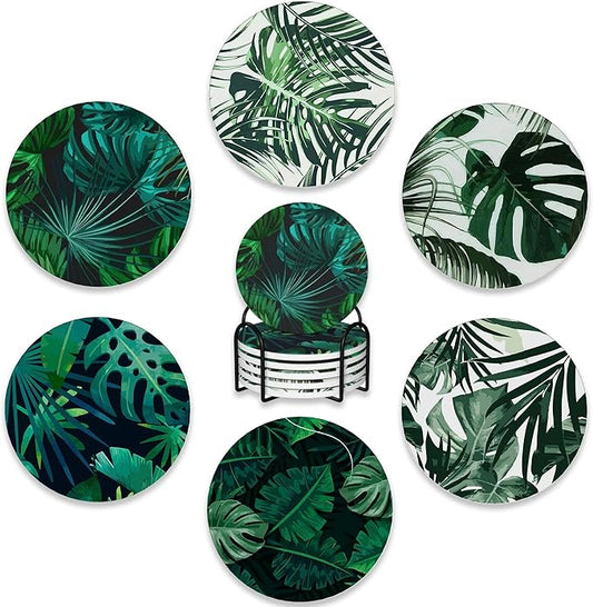 Drink Coasters Set of 6 with Holder,Tropical Palm Leaves Green Absorbent Ceramic Coasters with Cork Base,Fit All Cups,Tabletop Protection Mat for Mugs and Cups,Office,Kitchen