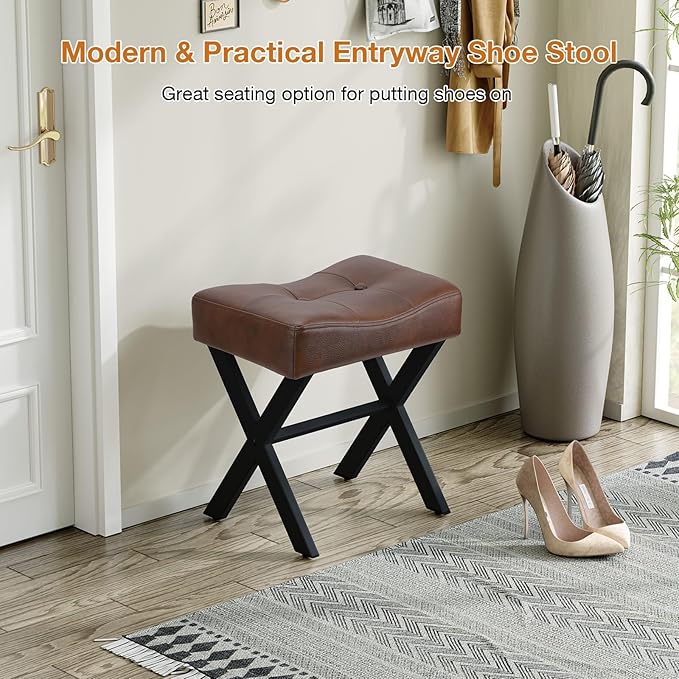 18-Inch Leather Vanity Stool Chair, Vanity Bench with Metal X-Leg, Ottoman Accent Stool with Thick Padded Saddle Seat, Dark Brown