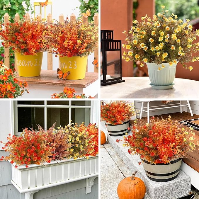 Ouddy Decor 24 Bundles Artificial Fall Flowers for Outdoor Decoration UV Resistant Fake Mums Plants Faux Boston Fern for Indoor Outdoor Garden Window Box Patio Fireplace Autumn Harvest Home Decor