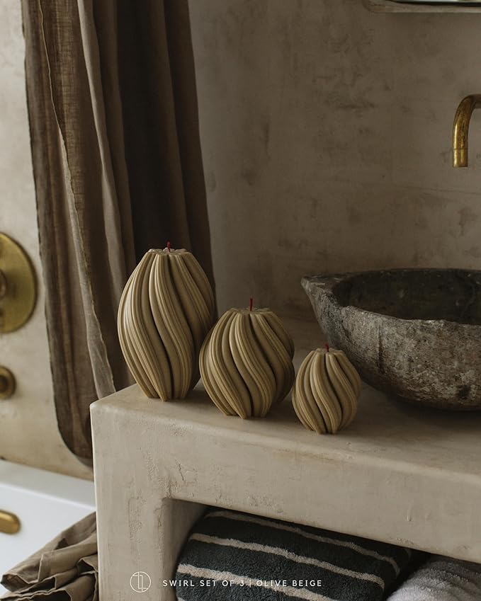 LAWA Swirl Candle - Beautiful Handmade Pillar Scented Soy Wax Twirl Elegant Bubble Aesthetic Candle Housewarming Gift Home Room Shelf Decor Idea Spiral Olive Beige (Small)