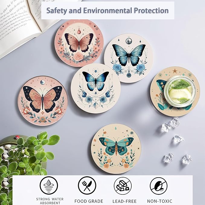 Coaster for Drinks Set of 6, Boho Butterfly Flower Absorbing Round Ceramic Stone Coaster with Cork Base,Tabletop Protection Mat for Mugs and Cups,Coffee Table Wine Glass Home Bar 4 Inch