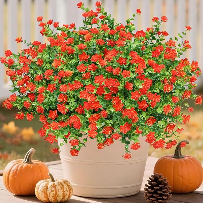 Ivydale Artificial Fall Mums Faux Flowers Plants for Outdoor Outside, 12 Bundles Fake Autumn Orange Daisy Flower Plastic Greenery Realistic UV Resistant for Front Porch Patio Balcony Garden Yard Decor