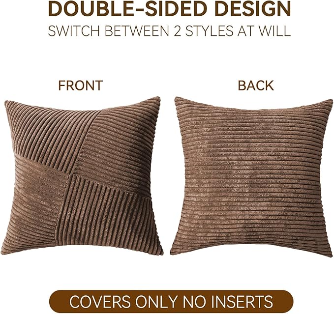 Decorative Throw Pillow Covers 16x16 Inch Set of 2 for Boho Living Room Farmhouse Home Decor, Spring Pillow Covers for Couch Bed, Soft Corduroy Striped Patchwork Cushion Cases, Terracotta