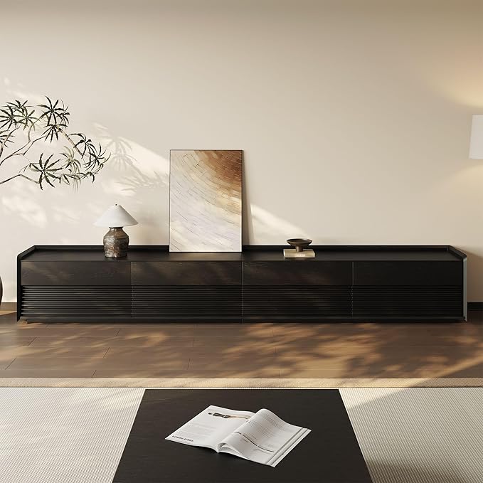 POVISON Fully-Assembled Mid Century Modern TV Stand, 118.11" Wood Media Console with Adjustable LED Light, Entertainment Center with Storage for Living Room