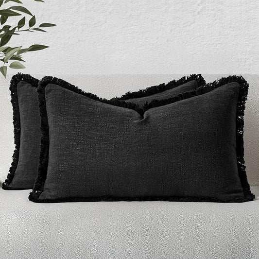 MIULEE Decorative Lumbar Throw Pillow Covers Neutral Linen Fringe Throw Pillows Set of 2 Black Boho Farmhouse Cushion Covers with Tassels for Couch Sofa Bed Living Room Spring Home Decor 12x20 Inch