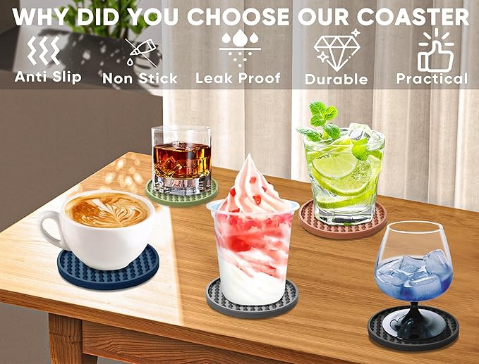 Coasters for Drinks 6 Pcs Plastic Coaster with Holder,Heat Resistant Silicone Cup Mat Tabletop Protection,Non-Slip Rubber Coasters for Kinds of Cups (Green)