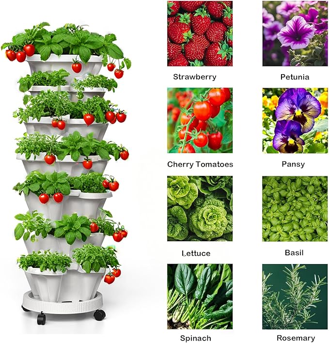 Strawberry Planters, 7 Tiered Vertical Stackable Planter, Herb Stacking Tower Garden, Flower and Vegetable Planters with Support Pole Indoor and Outdoor with Removable Wheels - White