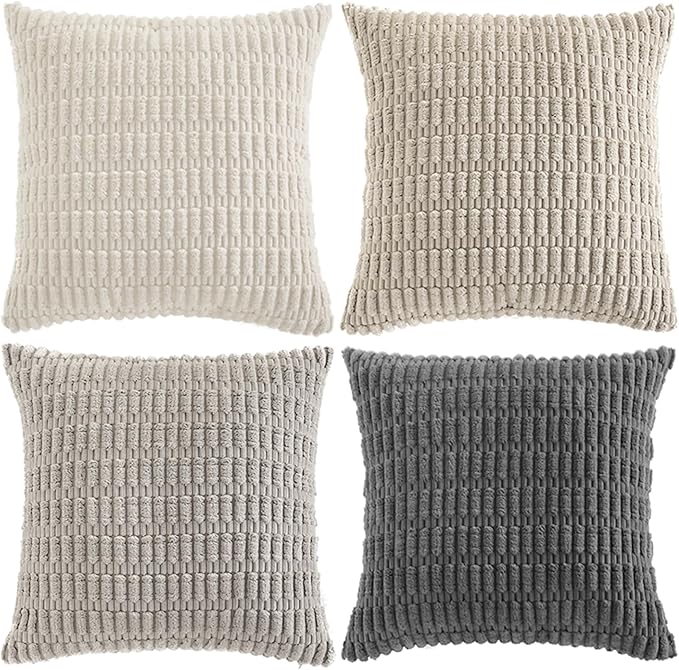 Fancy Homi Set of 4 Grey and White Decorative Throw Pillow Covers 20x20 Inch for Couch Bed Chair, Modern Farmhouse Boho Room Decor, Soft Fuzzy Double Sided Corduroy Textured Striped Cushion Case 50cm