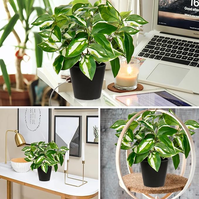 Artificial Plants Indoor Small Fake Plants in Pots Faux Pothos N‘ Joy Potted Plant Fake Indoor Plants with Black Pots for Bathroom Living Room Office Desk Shelves