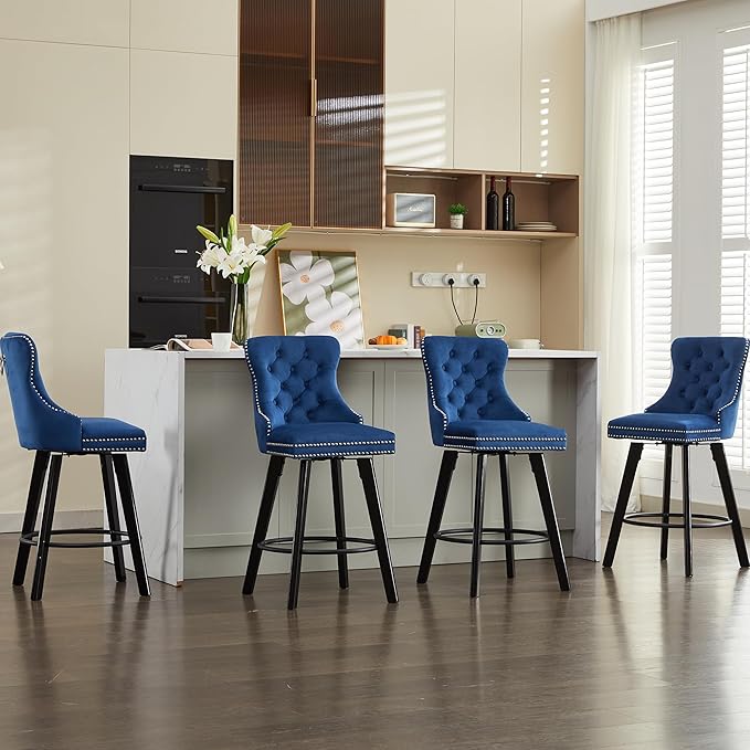 YISHENG Modern Swivel 27" H Seat Set of 2 Velvet Barstools with Backrest and Footrest,Button Tufted Rivet Trim Dining Room Chairs with Metal Pull Ring for Kitchen Island，Bistro, Home Bar，Blue
