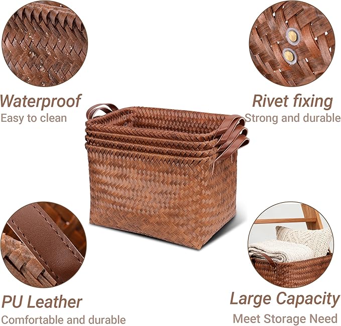 15L Laundry Baskets Waterproof Storage Baskets For Shelves Large Laundry Hamper With Leather Handle -set of 6 Cube Organizers Woven Bins for Bathroom,Bedroom,Pantry,Clothes,Car & Towels-Brown