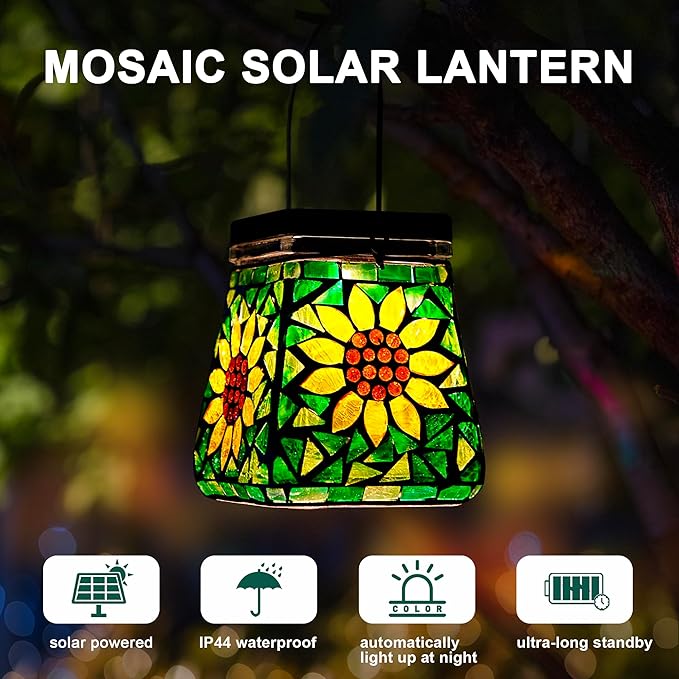 VOREEN Mosaic Solar Lanterns, Handmade Outdoor Glass Hanging Lights, IP44 Waterproof Solar Table Lamps, Decor for Garden, Patio, Yard, Party, Balcony, Gift for Mom Wife Friend, Sunflower Design