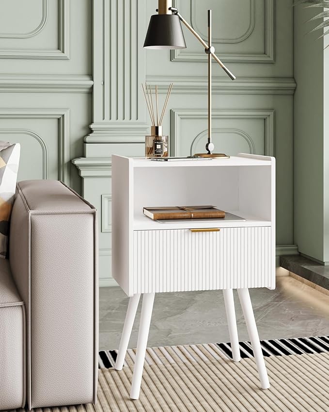 Nightstand,Modern Bedside Table with Storage Drawer and Open Wood Shelf, Accent Night Stand with Solid Wood Legs for Living Room, Bedroom and Small Spaces,Easy Assembly (White)