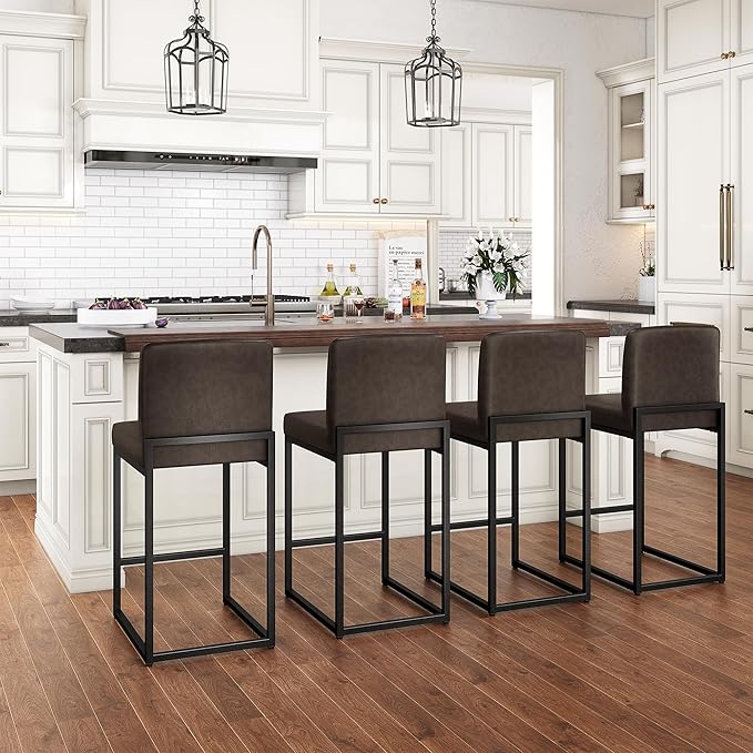 PHI VILLA Bar Stools Set of 2 - Counter Height 24'' Bar Stool Pu Leather Kitchen Modern Bar Chairs, Bar Stools with Back