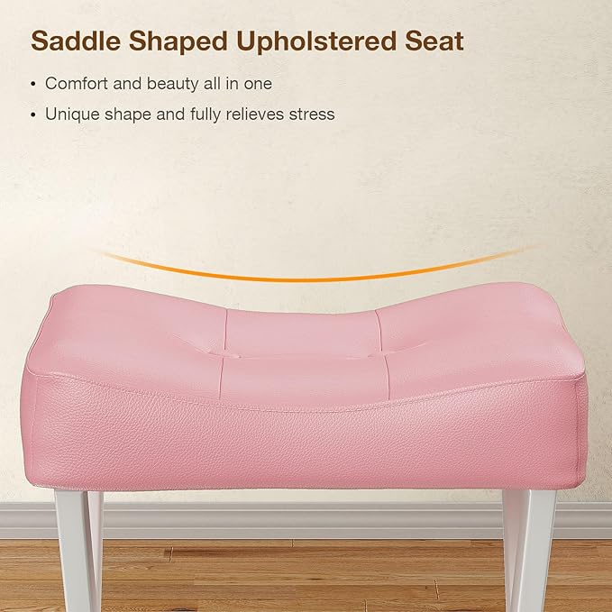 18-Inch Leather Vanity Stool Chair, Vanity Bench with Metal X-Leg, Ottoman Accent Stool with Thick Padded Saddle Seat, Pink