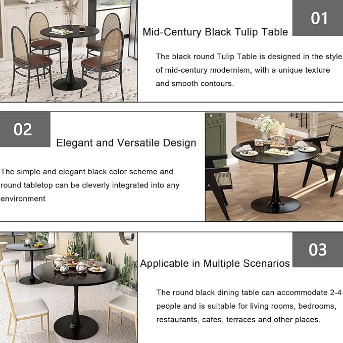 Round Black Dining Table, 31.5" Tulip Table with Pedestal Base, Black Dining Table for 1-4 Person, Mid-Century Leisure Table for Kitchen, Living Room