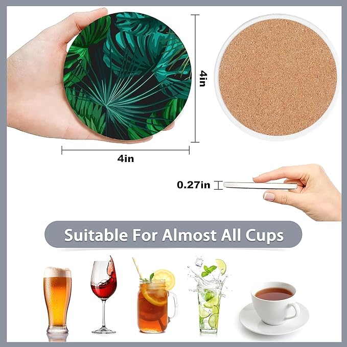 Drink Coasters Set of 6 with Holder,Tropical Palm Leaves Green Absorbent Ceramic Coasters with Cork Base,Fit All Cups,Tabletop Protection Mat for Mugs and Cups,Office,Kitchen